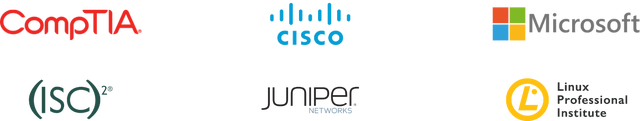 Logotipos de CompTIA, Cisco, Microsoft, (ISC)2, Juniper Networks y Linux Professional Institute.