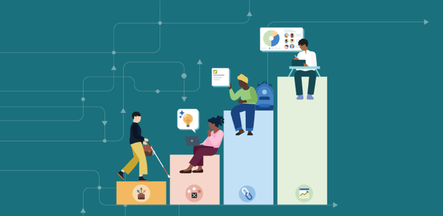 Illustration of 4 people each atop a bar in a bar graph.