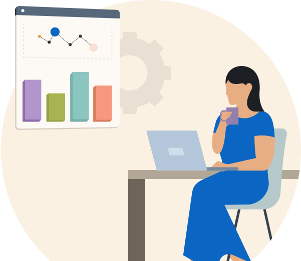 Illustration of a person looking over reports on a laptop