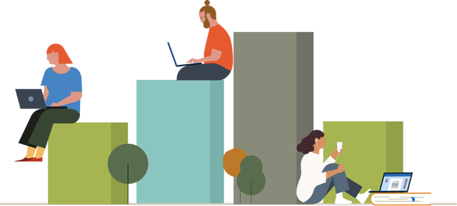 illustration of several people studying on-line