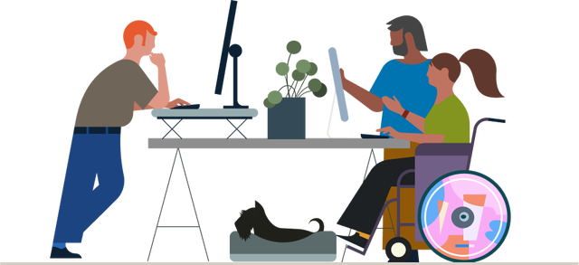illustration of several people helping each other while studying online 