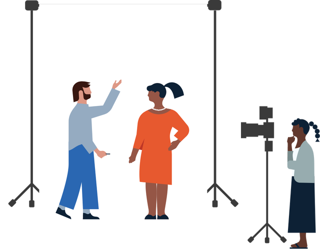Illustration von Personen bei einem Fotoshooting mit einer Leinwand im Hintergrund