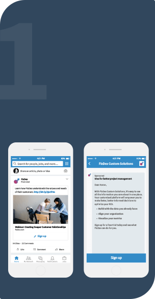 Rendering of a Lead Gen Form ad on mobile. Example of the CTA in a sponsored Content and in a Sponsored Inmail rendering on mobile