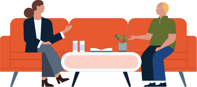 Illustration de deux personnes assises, en train de discuter