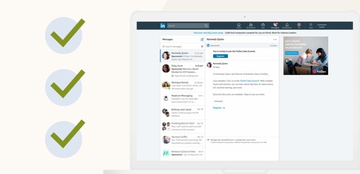 Three ticks in circles beside a LinkedIn Message Ad