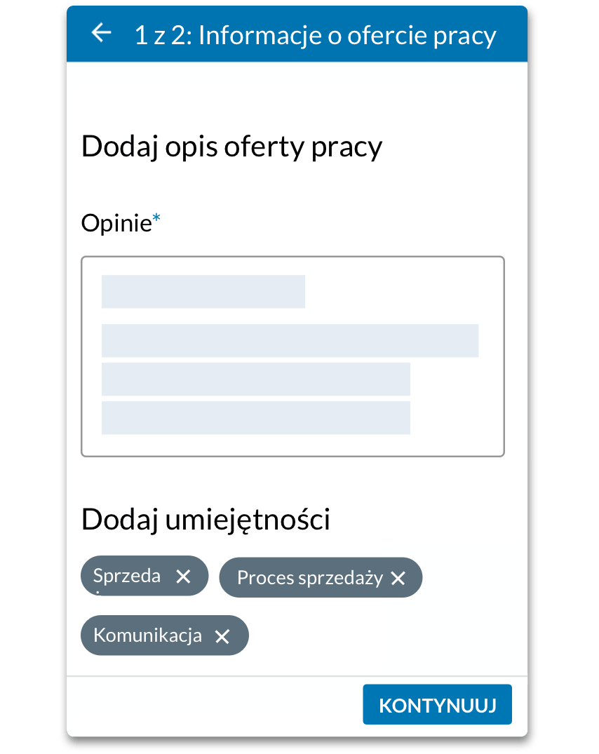 Zrzut ekranu produktu ze szczegółami oferty pracy: początkiem opisu oferty pracy i umiejętnościami powiązanymi z publikacją.