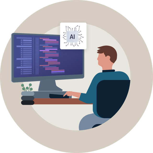 Illustration of an individual sitting at a table and working on their computer.