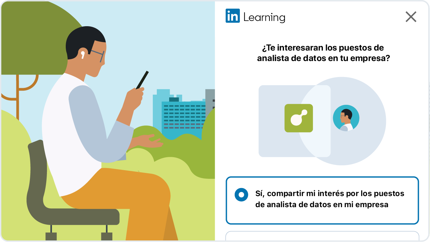 Un GIF animado con una persona mostrando su interés por un cargo interno en LinkedIn en su teléfono móvil.
