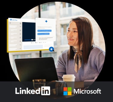 Person looking at LinkedIn AI Skill Pathways with LinkedIn and Microsoft logos