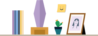 An illustration of various household objects including a cactus, a sticky note, and a framed photo.