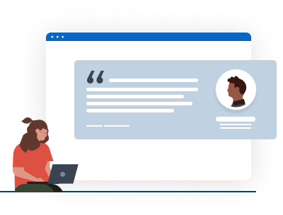 Illustration of an individual working on their laptop and a highlighted testimonial on the side.