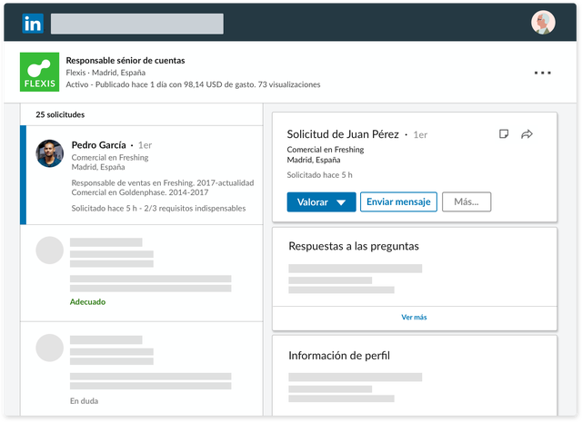 Captura de pantalla que muestra una lista de candidatos y los botones Valorar y Enviar mensaje.