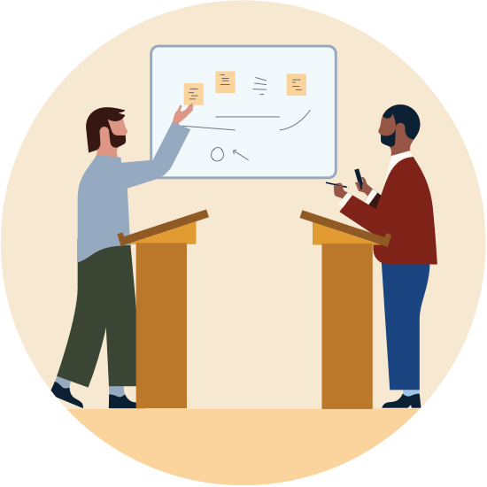 An illustration of two people, each at a podium, pointing to a chart
