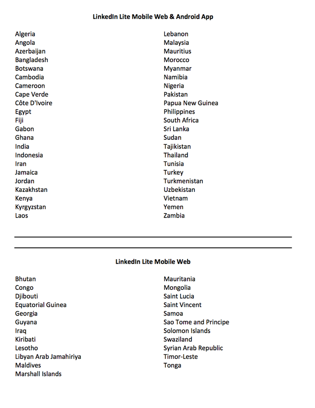 List of countries where LinkedIn Lite is available