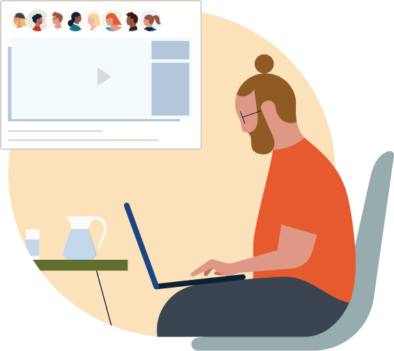 illustration of a person on his laptop in an online group meeting  