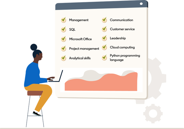 illustration of a person looking up a list of in-demand skills on-line