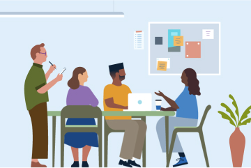 Illustration representing speaking to employees, volunteers, and executives