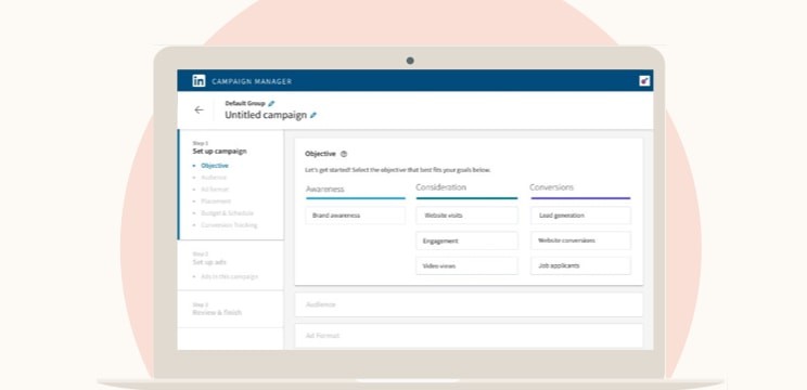 Laptop screen showcasing the first stage in setting up a LinkedIn ad