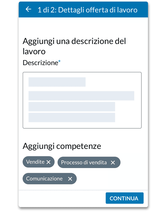 Schermata del prodotto che mostra i dettagli dell’offerta di lavoro: l’inizio della descrizione e le competenze associate al ruolo.