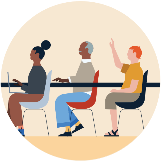 An illustration of a classroom scene showing three students and one of the students is raising their hand.