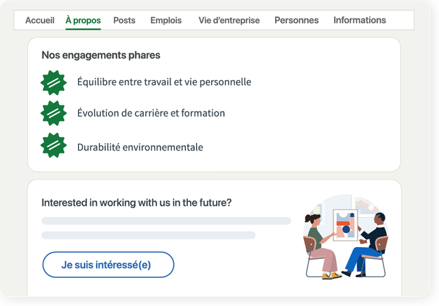 Screenshot, der zeigt, wo sich die Seite „Info“ auf der LinkedIn Unternehmensseite befindet