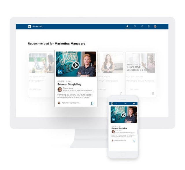 Imagem dos cursos do LinkedIn Learning exibidos na tela de um computador e de um smartphone.