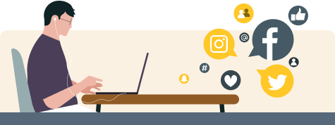 Illustration of an individual working on their laptop and social media icons on the side.