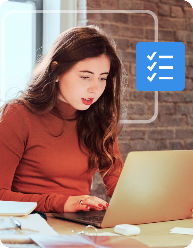 Woman working on laptop with checklist icon