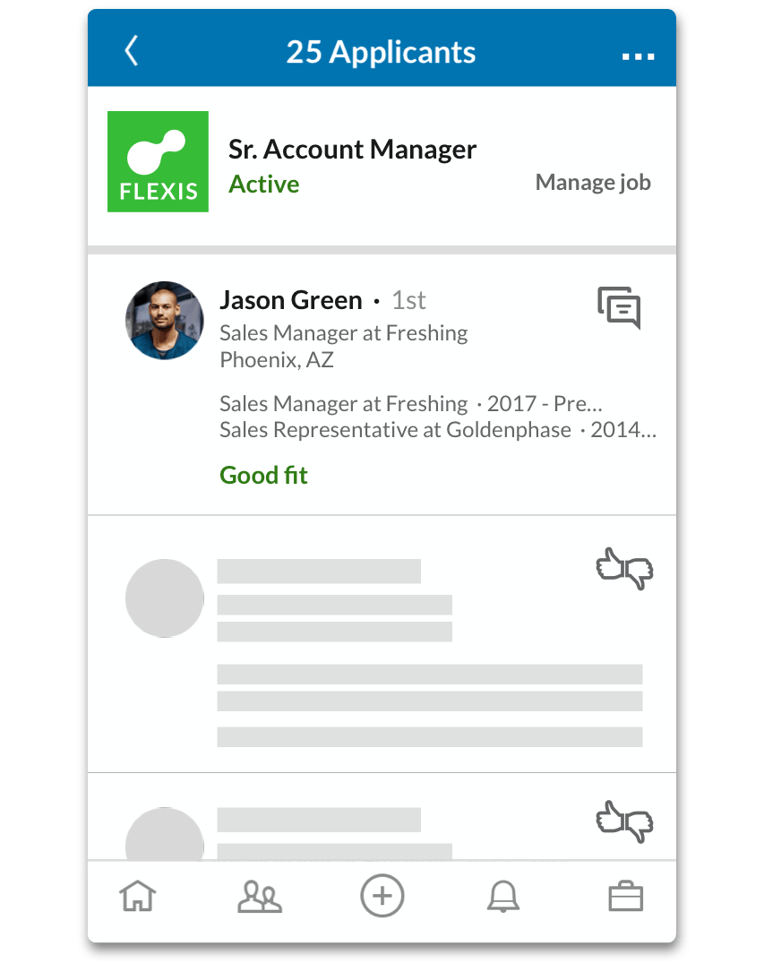 A product screenshot of a list of candidates and the “Rate as” and “Message” buttons.