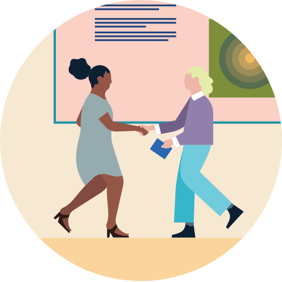 An illustration of two people shaking hands in a classroom setting.