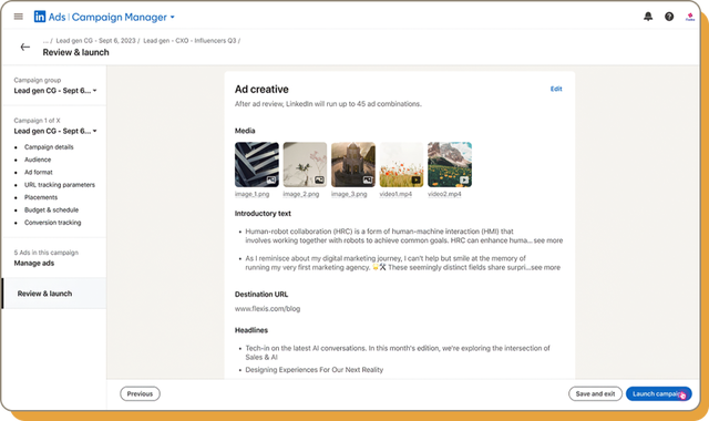 LinkedIn Ads campaign manager review screen