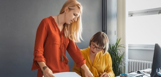 Two women analyzing notes at a desk.