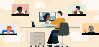 Ilustración de muchas personas colaborando en una reunión virtual