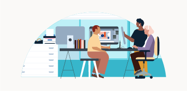 Illustration of three people working at a desktop computer, collaborating.