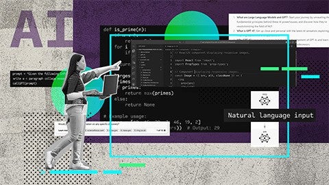 Illustration of AI and person pointing to chart