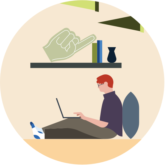 An illustration showing a college student working on a computer in a dorm room. A foam finger, textbooks, and a vase adorn the walls.