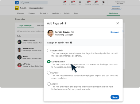 UI screen showing the assignment of admins to certain roles.