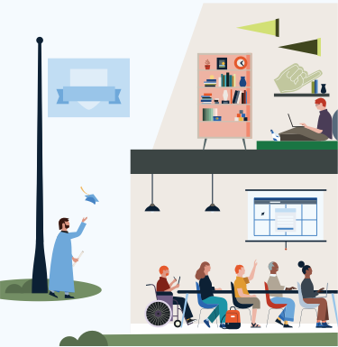 An illustration of a college campus. Students are gathered in the center quad and other students are shown in various classroom settings.