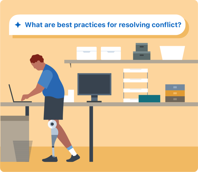 Person at their computer asking AI-powered coach “What are best practices for resolving conflict?