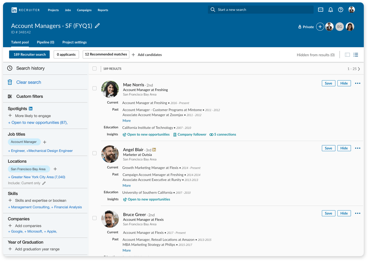 A product shot of the LinkedIn Recruiter admin tool showing the results from a candidate search. Candidates profile photos and information is seen, along with filters that admins can use to narrow down their search.