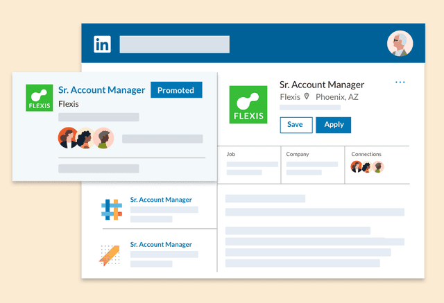 An illustrated product screenshot of a job post at the top of a list of jobs. Most of the information is grayed out aside from a company’s name, logo, job title, and “Promoted” button.