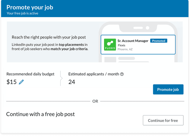 An product screenshot showing how to set your recommended daily budget and estimated applicants for your job post.