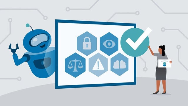 Illustration of AI and person pointing to chart