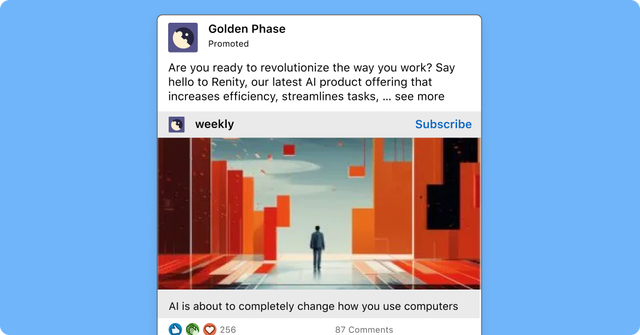 Promoted AI productivity ad with futuristic artwork