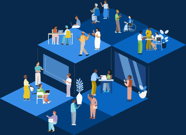 Illustration of an office situated on several platforms with multiple coworkers interacting.