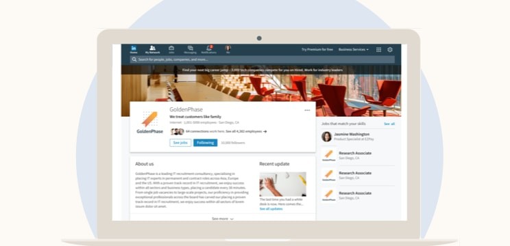 Laptop screen with an example of a LinkedIn Page
