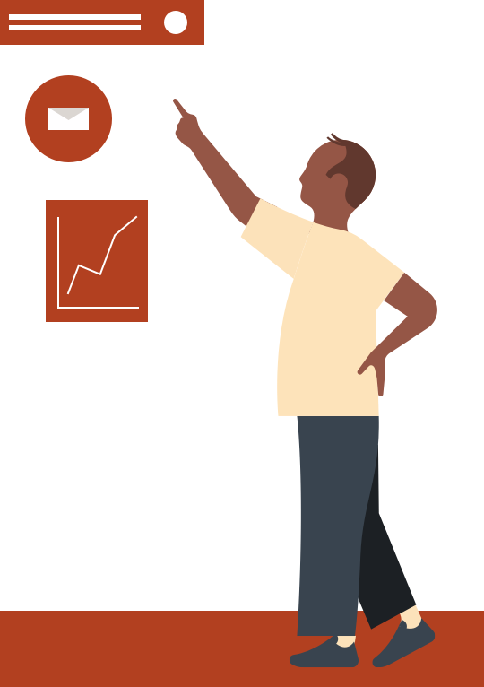illustration of man pointing at various icons