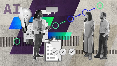 Image of people talking in front of an AI background