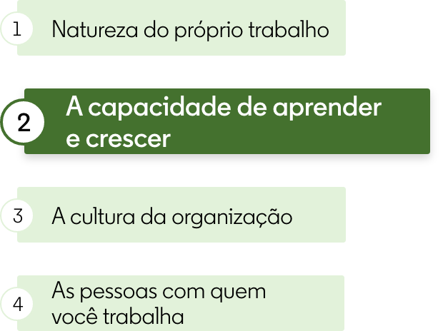 Infográfico com os quatro principais elementos que inspiram as pessoas, com a capacidade de aprender e crescer sendo a segunda resposta mais popular.