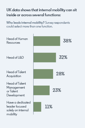 An animated bar graph showing who leads internal mobility in organisations. 50% said head of human resources, 44% said head of talent management or talent development, 44% said head of L&D, 44% said head of talent acquisition, and 44% have a dedicated leader focused solely on internal mobility.